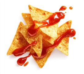 Tortilla chips piled high, drenched in a vibrant red sauce