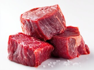 Fresh beef cubes stacked, with salt