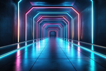 Neon tunnel blue floor, glowing pink & teal octagonal frames