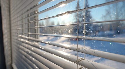 Fototapeta premium Winter Scene Through White Venetian Blinds