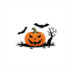 A jack-o'-lantern with a spooky face sits in a dark field, accompanied by bats and a gnarled tree, evoking a Halloween scene.