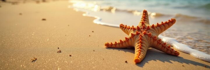 Starfish stranded on sun-baked sand, tide receding , shore, summer