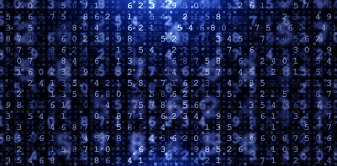 Abstract digital number background in blue tones, representing big data, coding, and technology. Perfect for cyber security, AI, blockchain, and futuristic digital design projects.