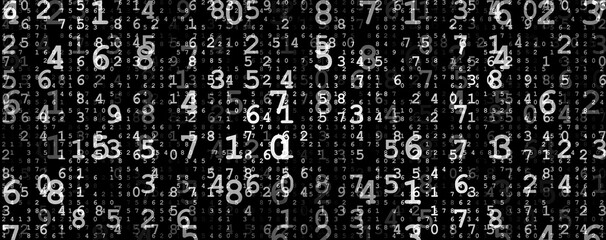 Abstract black and white digital number background with futuristic matrix style, symbolizing data, AI, machine learning, and cybersecurity. Perfect for fintech, blockchain, and technology design.