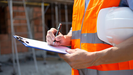 Supervisor Writing on Clipboard While Holding White Hard Hat