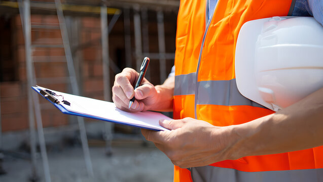Supervisor Writing on Clipboard While Holding White Hard Hat