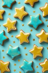 Obraz premium Star-shaped iced cookies on a light teal background