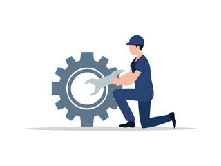 Minimalist silhouette of mechanic with spanner gear