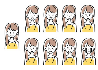 女性のイラスト　表情バリエーションセット