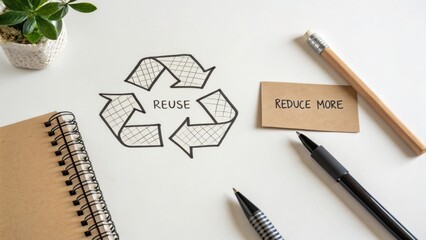 Sustainable Practices Illustrated with Sketch of Recycle Symbol, Notepad, Pen, and Plant on White Background