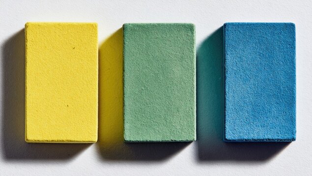 Three rectangular blocks of color.  Yellow, green, and blue blocks, lined up, cast shadows