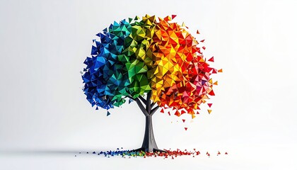 Abstract Tree with Multicolored Triangular Leaves on White Backdrop Under Soft Lighting Rendered with Digital Fractal Art Techniques