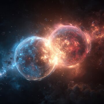 Two celestial bodies collide in a fiery cosmic explosion