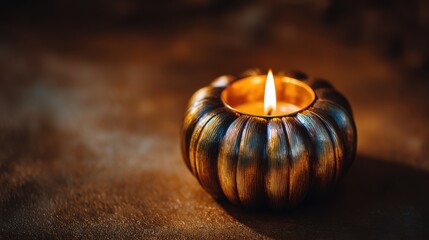 Elegant pumpkin-shaped candle with warm glow illuminating a cozy indoor space, perfect for autumn decor and relaxation ambiance
