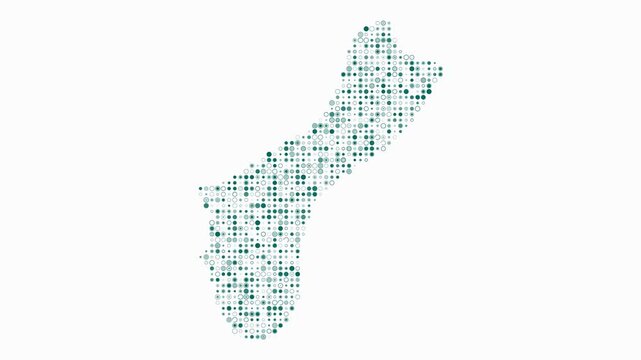 Guam map animation. Shape of the country with pulsating colored dots. Small size circle blocks. Digital style Guam map on white background. Amazing video.