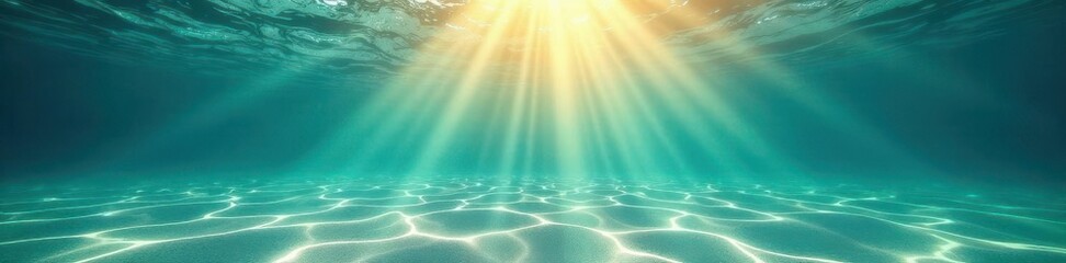 Sunbeams penetrate clear ocean water, illuminating sandy bottom, tranquil, ocean photography, ocean sunlight