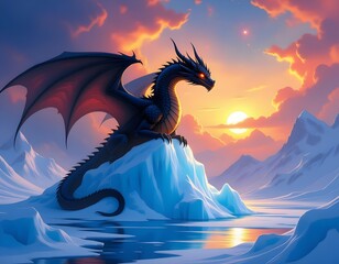 Majestic Black Dragon on Ice Mountain at Sunset Fantasy Landscape