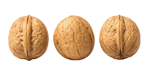 Three Whole Walnuts on Black Background Close-Up
Natural Walnuts with Shells Highlighting Texture
