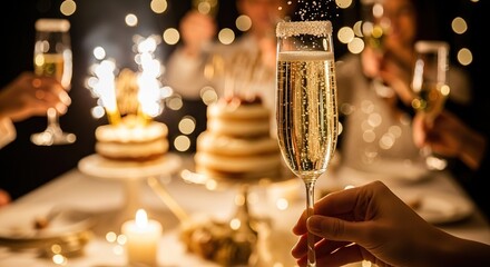 Celebratory toast with champagne flutes and birthday cake.