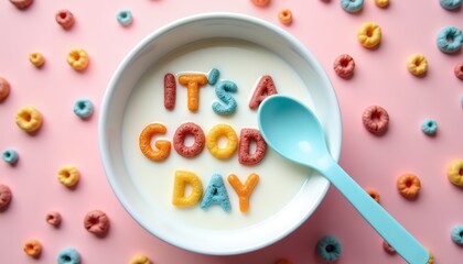 Colorful cereal letters spelling it's a good day in milk with spoon breakfast