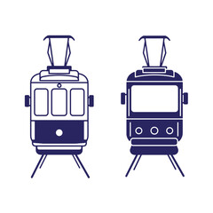 Two minimalist style vintage trams isolated against a white background for transportation concepts