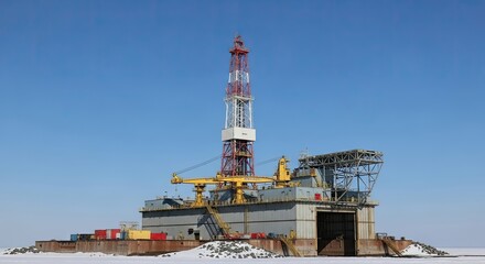 An oil rig in the Arctic, with a clear blue sky in the background.
