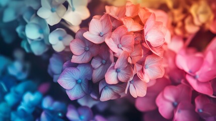 Obraz premium A close-up view of a vibrant hydrangea flower cluster, showcasing a spectrum of colors from blue to pink.