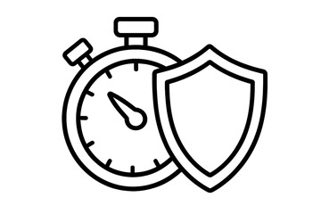 Time protection and security concept. Stopwatch with shield icon for warranty, guarantee, and safety. Fast defense, deadline management, and limited time protection symbol.