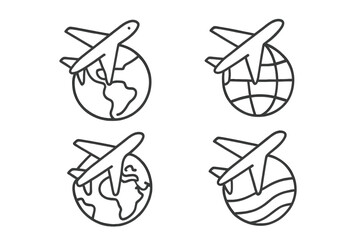Airplane over globe icon set. International travel, flight, and world trip concept. Global aviation, tourism, and logistics line symbols. Vector planet earth and aircraft icons for web.