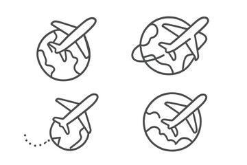 Airplane flying around planet earth icon set. Global travel and international flight concept. Thin line art vector illustration bundle with editable stroke for web and mobile apps.