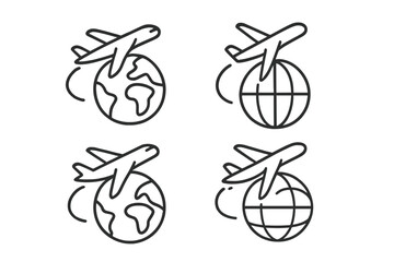 Airplane travel icon set. Plane flying around planet earth. Global flight, international tourism, and world tour concept. Thin line vector illustration with editable stroke.