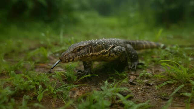 Water monitor lizard reptile wildlife nature closeup motion forest tropical amphibious predator wild crawl alert tongue flicks wet ground