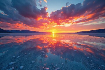 Symmetrical sunset over Bonneville Salt Flats, clouds reflected, picture, art