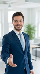 Confident Businessman Extending Hand for Handshake, Modern Office Setting