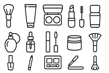 Beauty line icon collection. Big set of cosmetic and makeup outline signs for graphic design. Skincare vector pictogram pack with lipstick, mascara, brush, eyeshadow, perfume.
