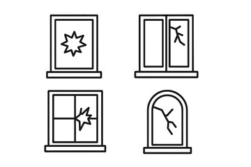 Broken window line icon set. Cracked glass and vandalism concept. Shattered pane symbol collection for web design, apps. Damaged property vector outline illustration sign.