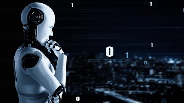 Futuristic robot artificial intelligence huminoid AI programming coding technology development and machine learning concept. Robotic bionic science research for future of human life. 3D rendering.