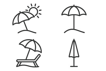 Beach umbrella icon set for summer vacation. Thin line art collection of parasol and sunshade symbols. Sun protection, travel and relaxation concepts. Editable stroke vector.