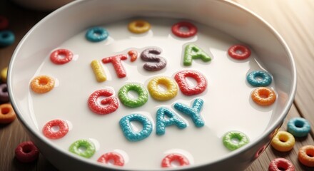 Colorful Cereal Letters Spelling Its A Good Day in Milk Bowl.