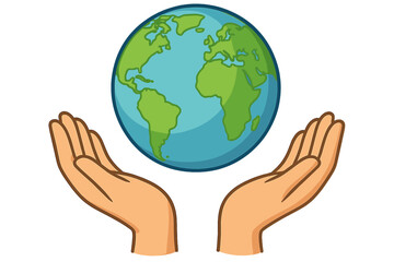 Hands holding Earth. Save the planet concept. World care, global protection, and environmental conservation metaphor. Ecology, peace, humanity, charity and support vector icon.