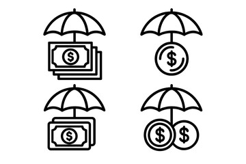 Money protection icon set for financial security and insurance. Umbrella over dollar cash and coins. Concept for savings, investment safety, wealth management, asset guarantee.