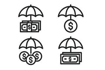 Money insurance line icon set, protection under umbrella symbol, financial security concept, cash and coins shield, finance safety, investment protection graphic, vector illustration