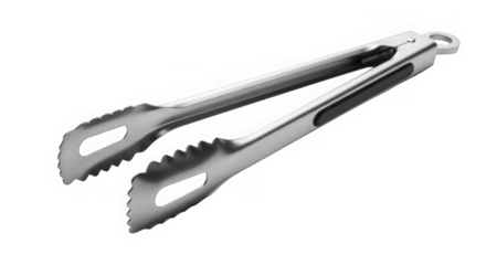 Stainless steel kitchen tongs for grilling cooking serving food utensil close up isolated on transparent background