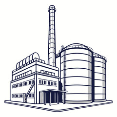 Industrial factory building with tall smokestack and large storage silos on a white background