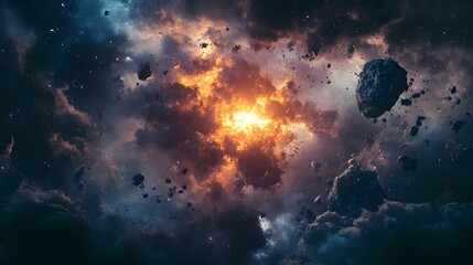 A fiery orange light breaks through a dark, stormy sky filled with floating rocks and clouds, a dramatic scene of cosmic chaos.