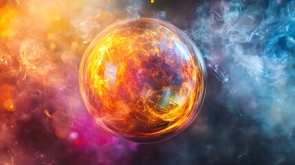 Naklejka premium A fiery sphere encased in a transparent bubble, surrounded by colorful smoke and bokeh lights.