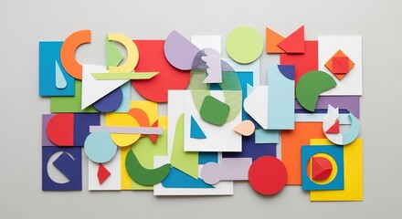 Colorful Geometric Paper Collage with Shadows on a Light Gray Ba