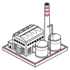 Naklejka premium Isometric illustration of a modern industrial factory building with a tall smokestack and storage tanks