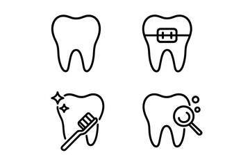 Dentistry and oral care line icon set. Tooth with braces, cleaning with toothbrush, and dental check up pictogram. Vector icons for stomatology, hygiene and orthodontics.