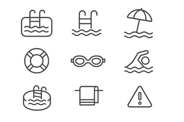Minimalistic line icons set of swimming pool and water leisure with ladder, goggles, life buoy, swimmer, umbrella, towel, and warning symbol for web, apps, banners